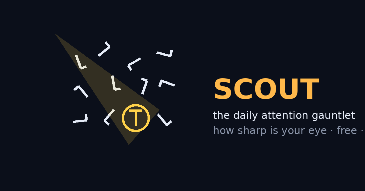 Scout: an amber searchlight beam sweeping across a dark field of rotated L shapes